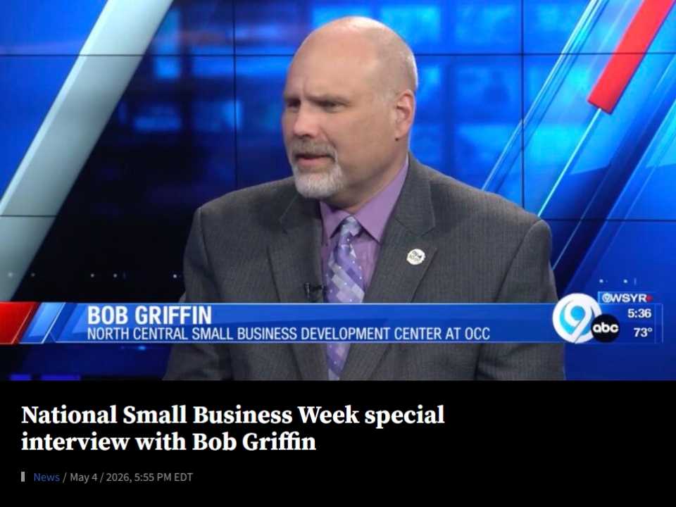 Screenshot from a NewsChannel 9 interview featuring Robert Griffin, Regional Director of the North Central Small Business Development Center, with on-screen text reading “National Small Business Week special interview with Bob Griffin.”