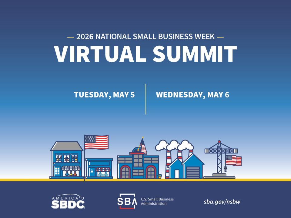 2026 National Small Business Week Virtual Summit graphic with dates, small business illustrations, and SBA logo.